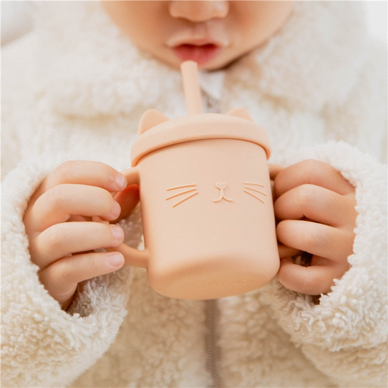 Baby Feeding Cups Silicone Drinkware Cute Cartoon Cat Sippy Cup