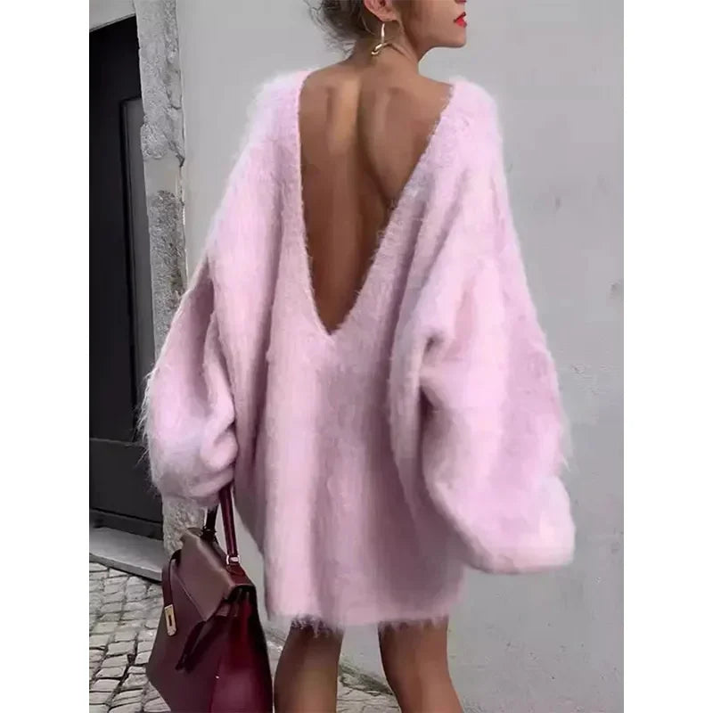 Autumn New Mohair Women Pink Sweaters Fashion Backless Lantern Sleeves Loose Knitwear Tops 2024 High Street Pullover Dress