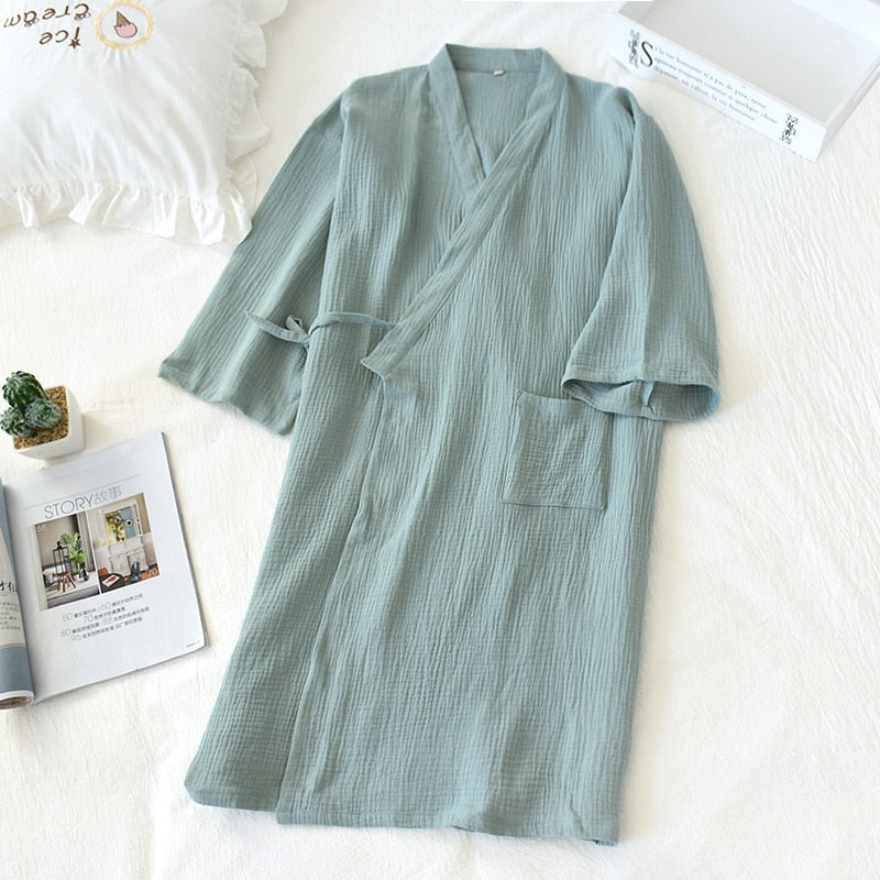 spring and summer new 100% cotton crepe ladies thin nightgown men bathrobe robe home service pajamas