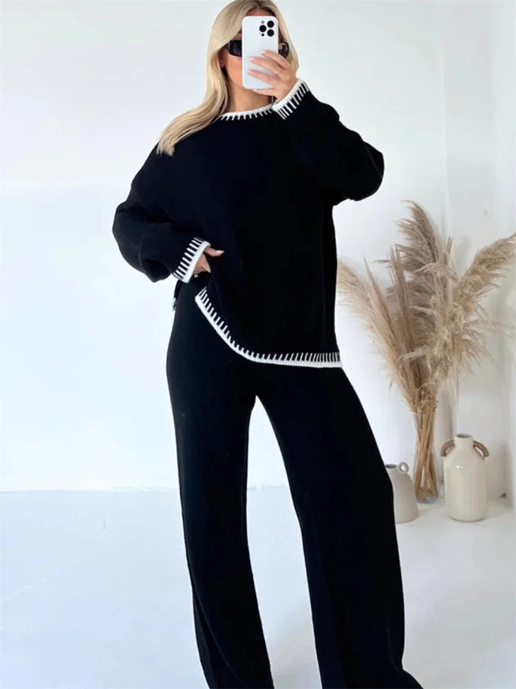 Casual Knitwear 2 Piece-Set Straight Legg Trousers Ladies Contrast Sweater Long Sleeve Pullover Outfits Women's Pants Sets