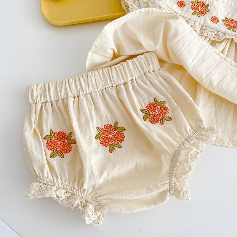 2026 Summer Baby Clothing Set Flower Embroidery Girls Suits Peter Pan Tee and Shorts Toddler Girls Clothes Set