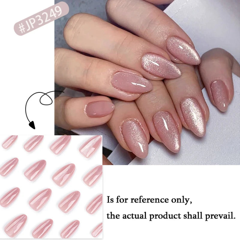 Nude Pink Glitter Cat Eye Nail Art Wearable Solid Color Fake Nails Detachable Finished False Nails Press on Nails with Glue