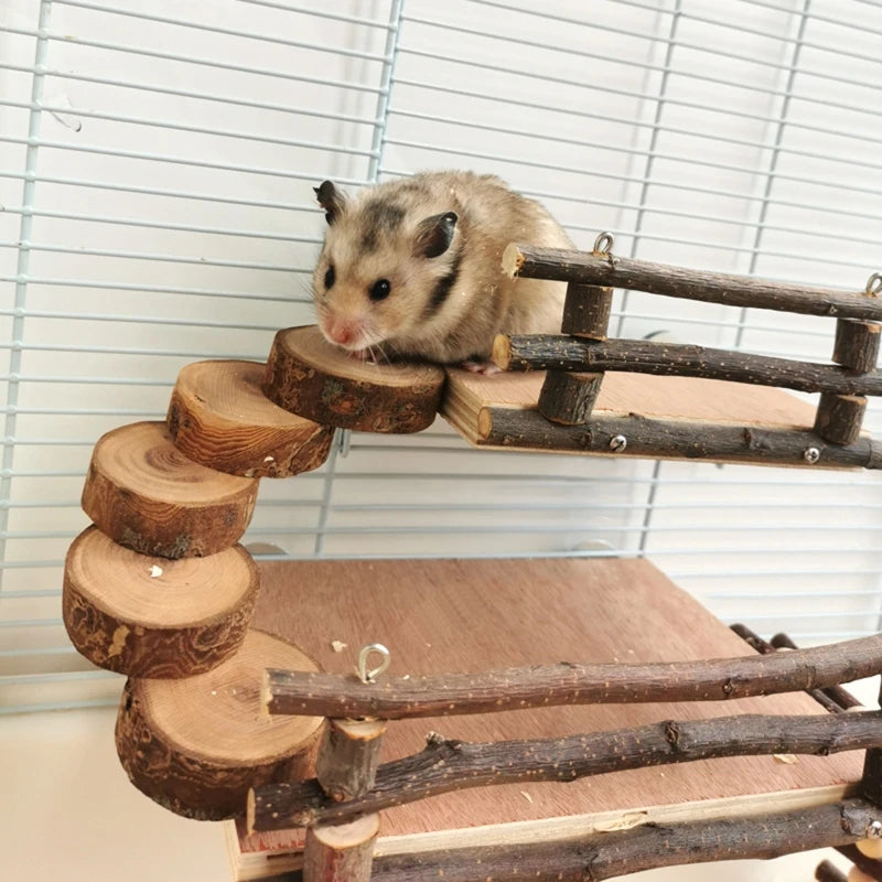 Hamster Wood Playground Activity Platform with Wooden Ladder Stairs Chew Toy Natural Hideout for Rat Gerbil Small Animal Pet Toy