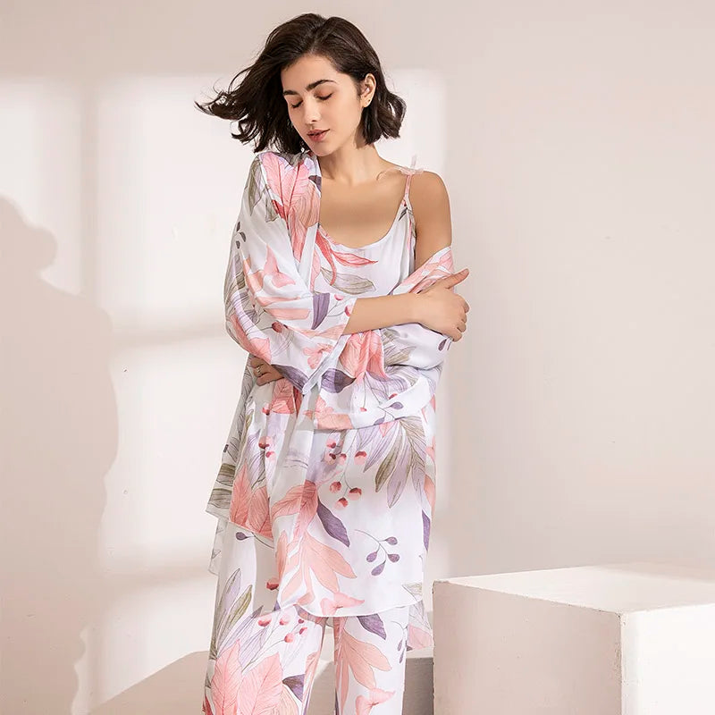 2024 Spring & Autumn Cartoon Sunflower Printed Women Sleepwear Light Blue Cotton Satin Pajamas Set Ladies Loose Thin Homewear