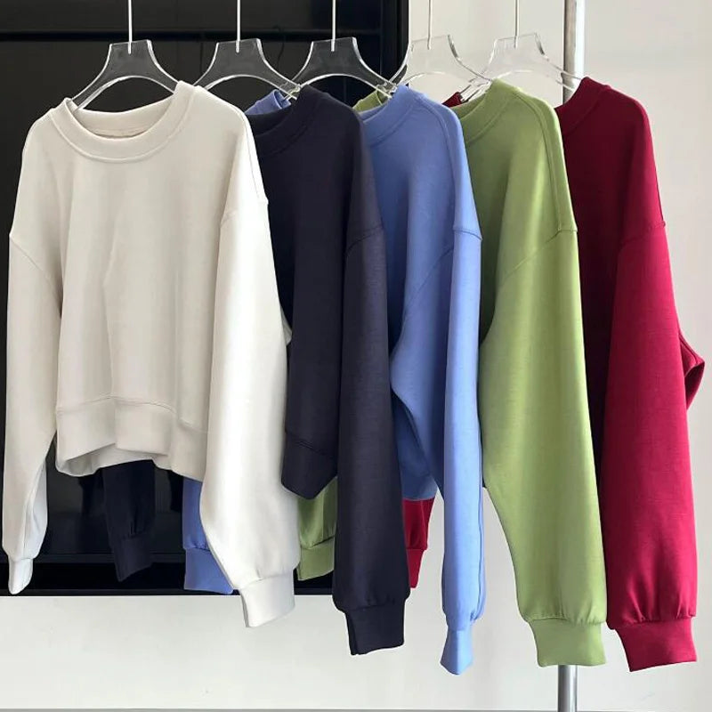 Women Tops Clothing Crew Neck Pullover Comfortable Simplicity Solid Color Crew-neck Pullover Long-sleeved Hoodie Gym Tops