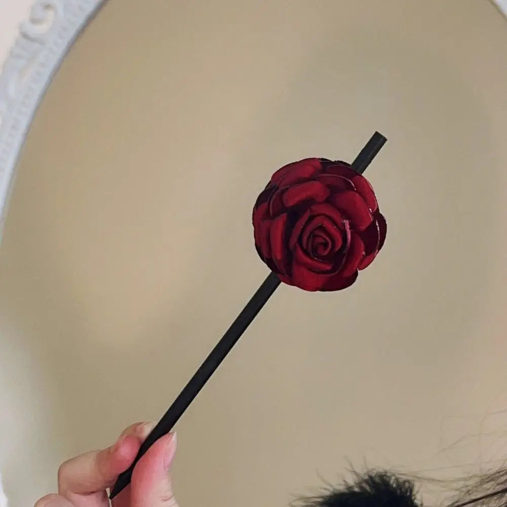 Simulated Flowers Wooden Hair Stick Wine Red Hair Sticks for Buns Hanfu Hairpin Headwear Hair Chopstick Rose Flower Hair Clip