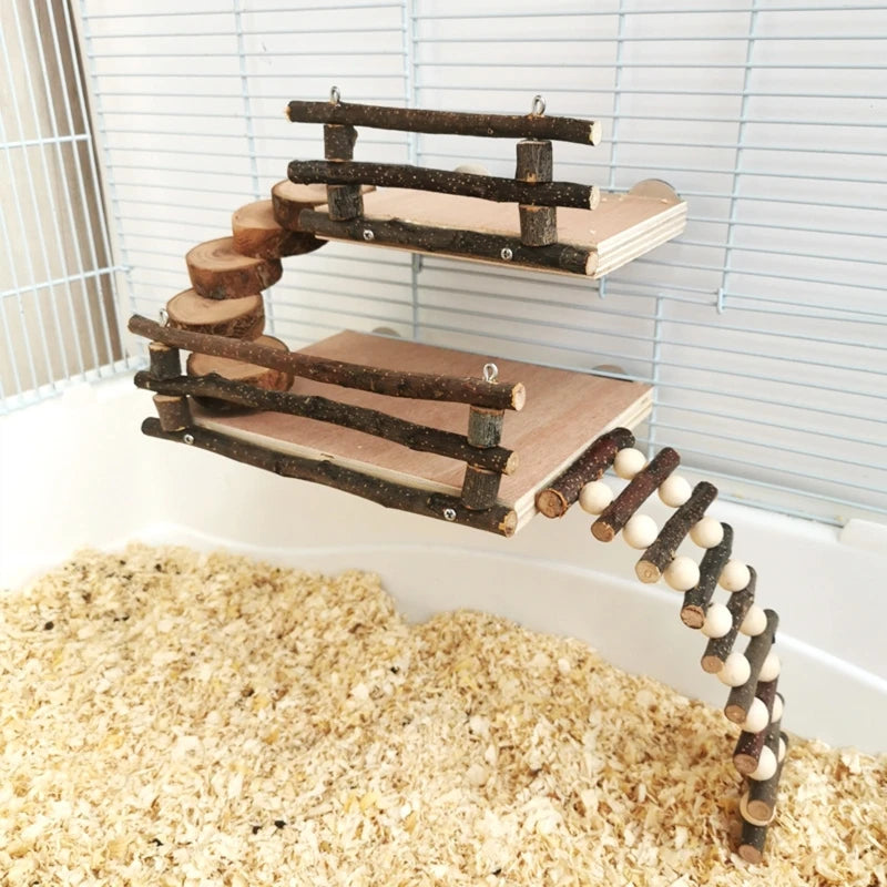 Hamster Wood Playground Activity Platform with Wooden Ladder Stairs Chew Toy Natural Hideout for Rat Gerbil Small Animal Pet Toy