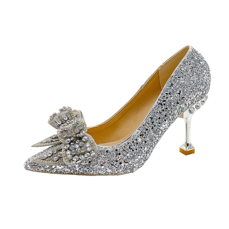 Fad Crystal High Heels Shoes Sweet Bow Mary Jane Sandals Women 2024 New Autumn Sexy Dress Party Pumps Shallow Lolita Mujer Shoes