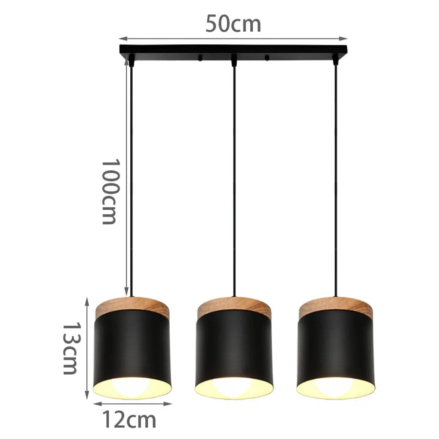 Modern Pendant Lights 3 Heads Wood Aluminum Hanging Lamp Chandelier Black for Loft Dinning Living Room Kitchen Lighting Fixture