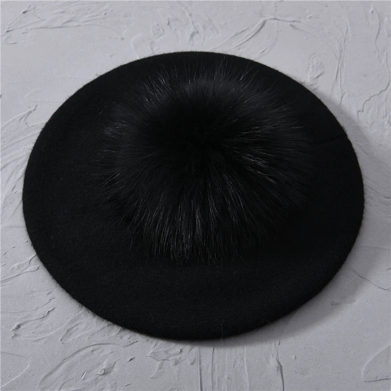 Jaxmonoy Winter Female Beret Women Hat Big Real Raccoon Fur Pompom Beret Wool Cashmere Natural Fur Ball Fashion Beret Cap Female