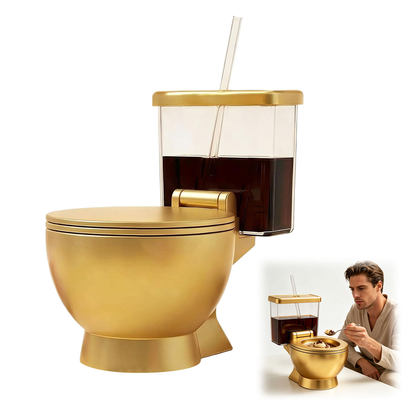 Toilet Ramen Bowl And Drink, 2026 New Funny Toilet Shaped Ramen Bowl and Drink Cup Combo, Large Golden Toilet Soup Bowl for Instant Noodles, Hilarious Snack and Drink Cup Set