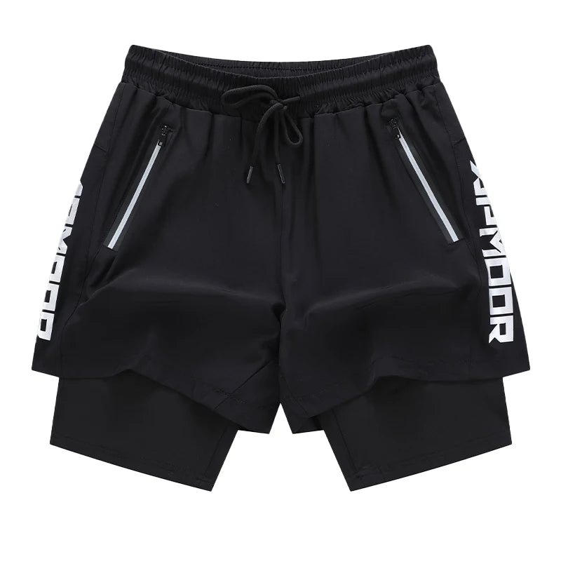 Men New 2 in 1 Swimming Pants Beach Sweatpants Running Shorts with Zip Pocket Basketball Training Breechcloth Quick Dry Fitness