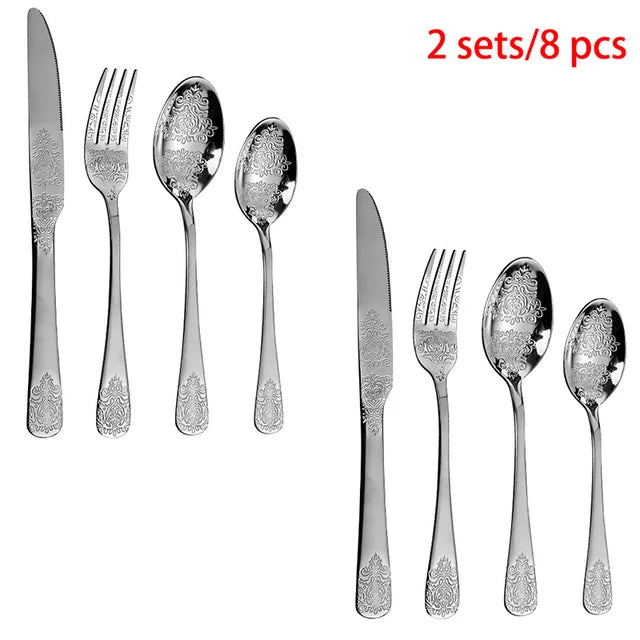 &Gold Luxury Cutlery Sets Fork Spoons Knife Silverware Kit Vintage Carved Tableware Set European Dinnerware For Home Kitchen