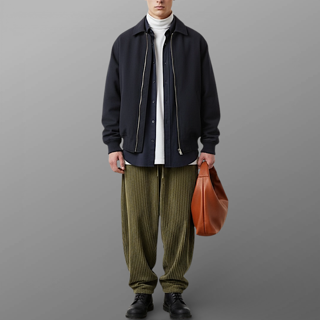 Wide wale striped corduroy with barrel leg