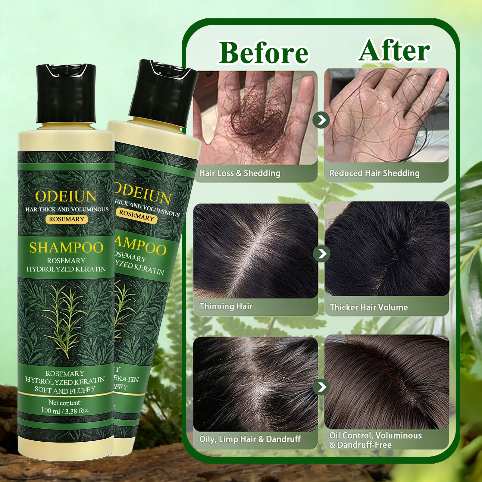 ODEIUN Organic Rosemary Hair Growth Shampoo for Women and Men, Professional Rosemary shampoo, Shampoo for Hair Growth, Natural Ingredients With Hydrolyzed Keratin for Thinning Hair & Hair Loss