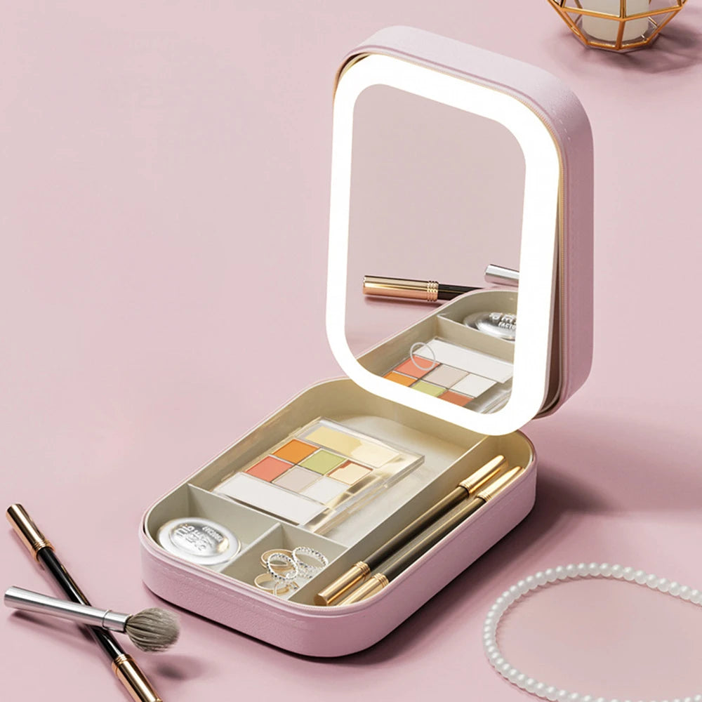 Makeup Storage Box With Led Light Mirror Portable Travel Makeup Cosmetics Jewelry Storage Box Touch Light Storage Organizer