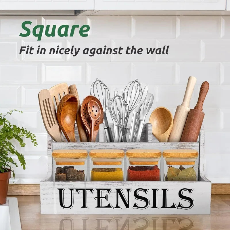 Rural White Wooden Cutlery Storage Box, Kitchen Countertop Cooking Utensil Seasoning Storage Box  Kitchen Storage Container
