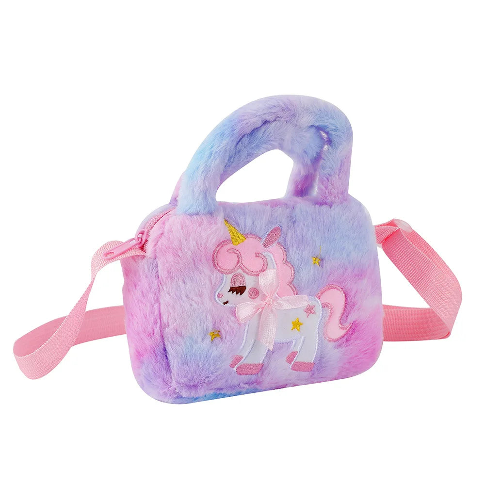 Kids Embroidery Unicorn Plush Toy Crossbody Purses Handbags Little Girls Rainbow Fluffy Purse Cute Cartoon Furry Shoulder Bag