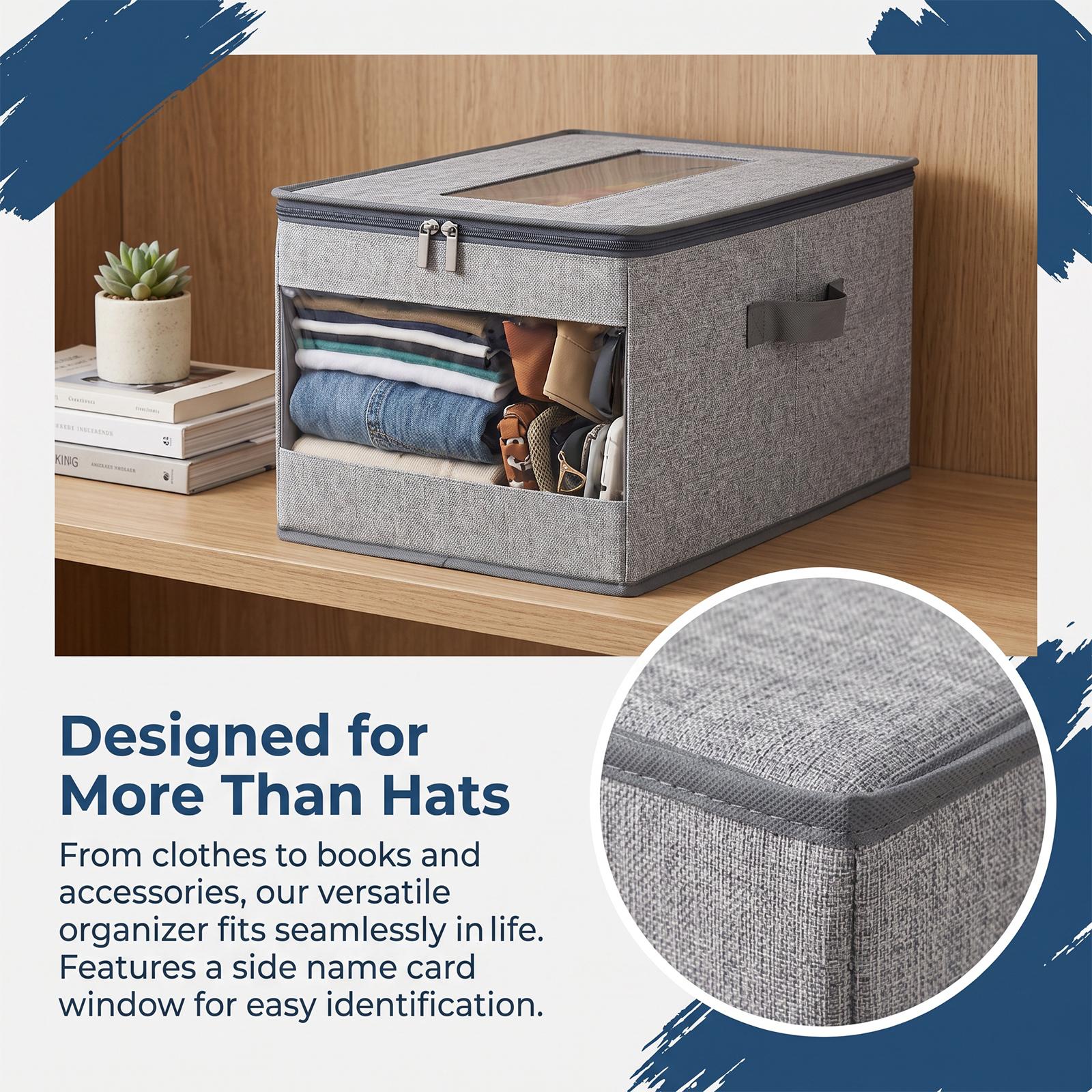 Hat Storage for Baseball Caps, Clear Window Hat Organizer, Stackable Storage Box with Flip-Top Access, Space-Saving Breathable Fabric Closet Organizer