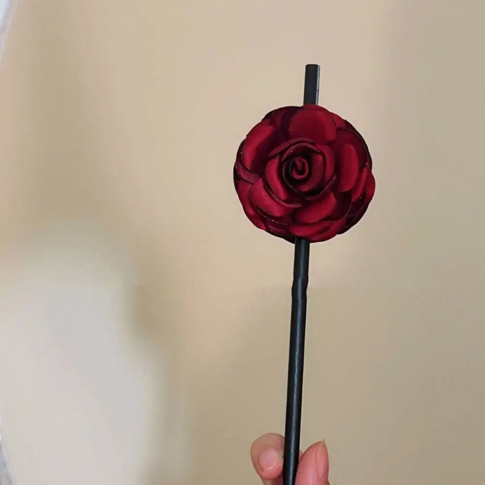 Simulated Flowers Wooden Hair Stick Wine Red Hair Sticks for Buns Hanfu Hairpin Headwear Hair Chopstick Rose Flower Hair Clip