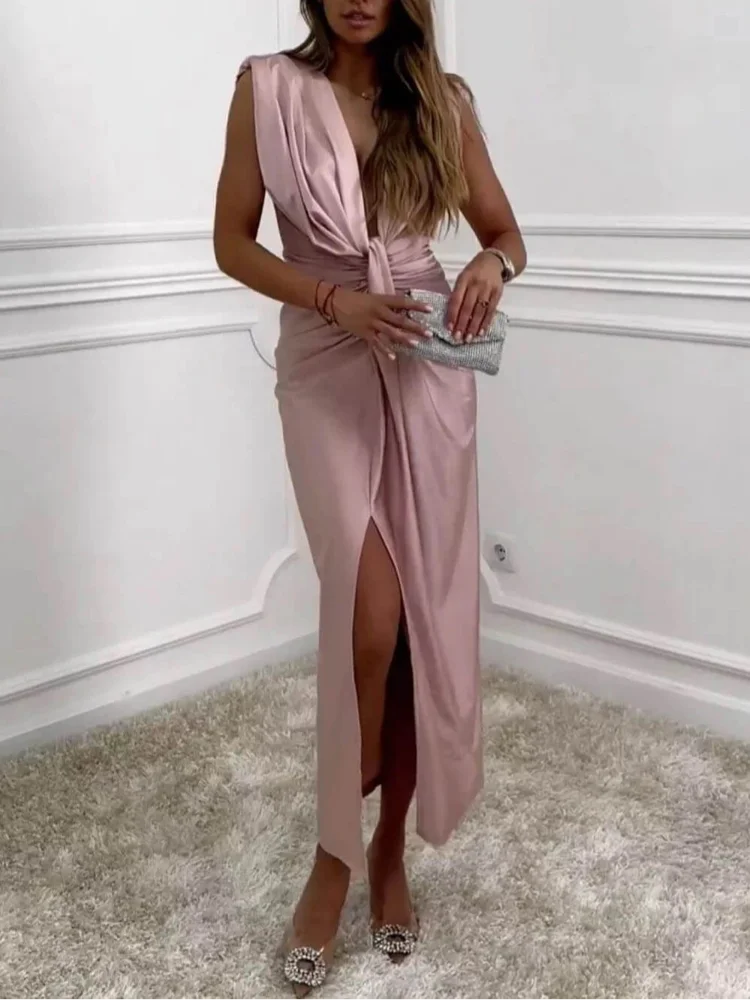 Elegant Solid Pleated Slim Sleeveless Midi Dress Women Sexy Deep V Neck High Slit Robe 2024 Summer Chic Lady Party Street Wear