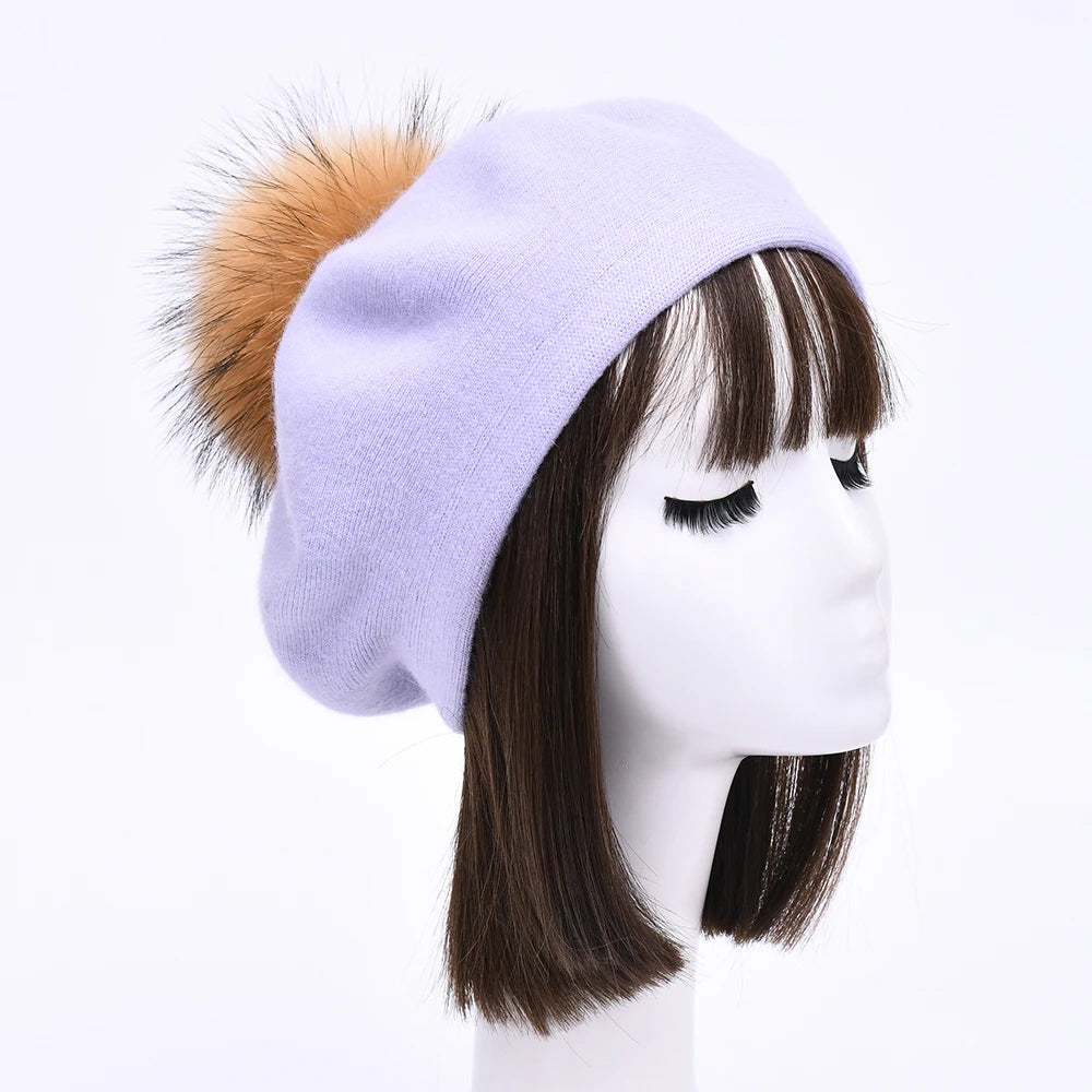 Jaxmonoy Winter Female Beret Women Hat Big Real Raccoon Fur Pompom Beret Wool Cashmere Natural Fur Ball Fashion Beret Cap Female