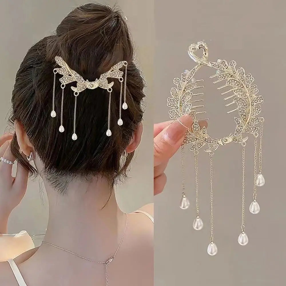 Elegant Retro Meatball Hair Clasp Clip Floristic Pearl Chain Tassels Hair Claw Ponytail Hairpins Women