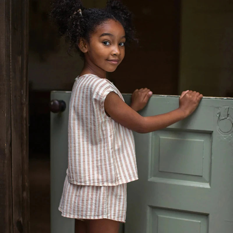 Classic Striped Sleeveless Girl's Suit 2024 Summer New Cotton Casual Mori Retro Children's Clothing Two Piece Sets