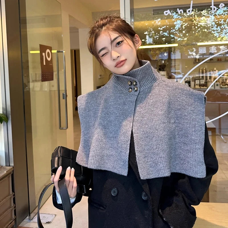 Poncho Cloak Button Solid Color Knitted Outer Layer Shawl Women's Autumn and Winter Shoulder Scarf Fake Collar Cape