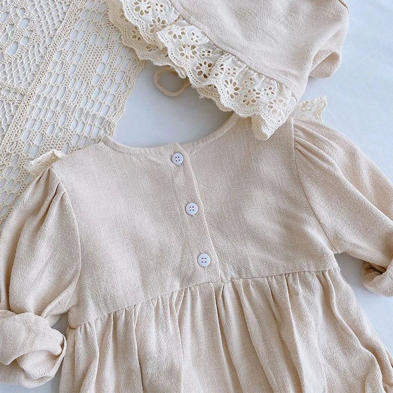 Infant Baby Girl Bodysuits+Hat Cotton Flower Embroidery Long Sleeve