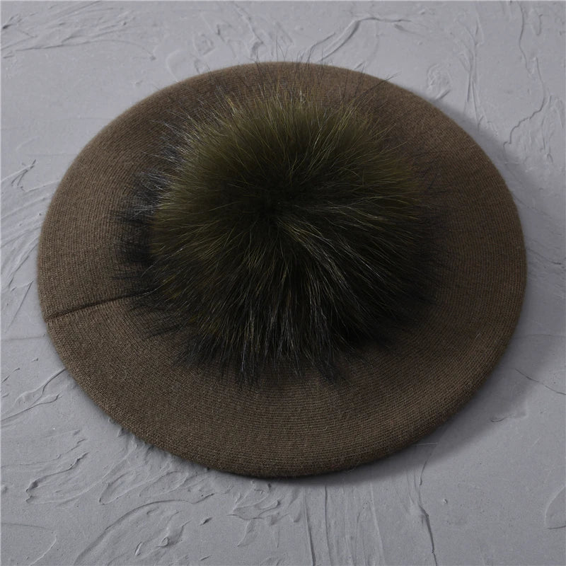 Jaxmonoy Winter Female Beret Women Hat Big Real Raccoon Fur Pompom Beret Wool Cashmere Natural Fur Ball Fashion Beret Cap Female