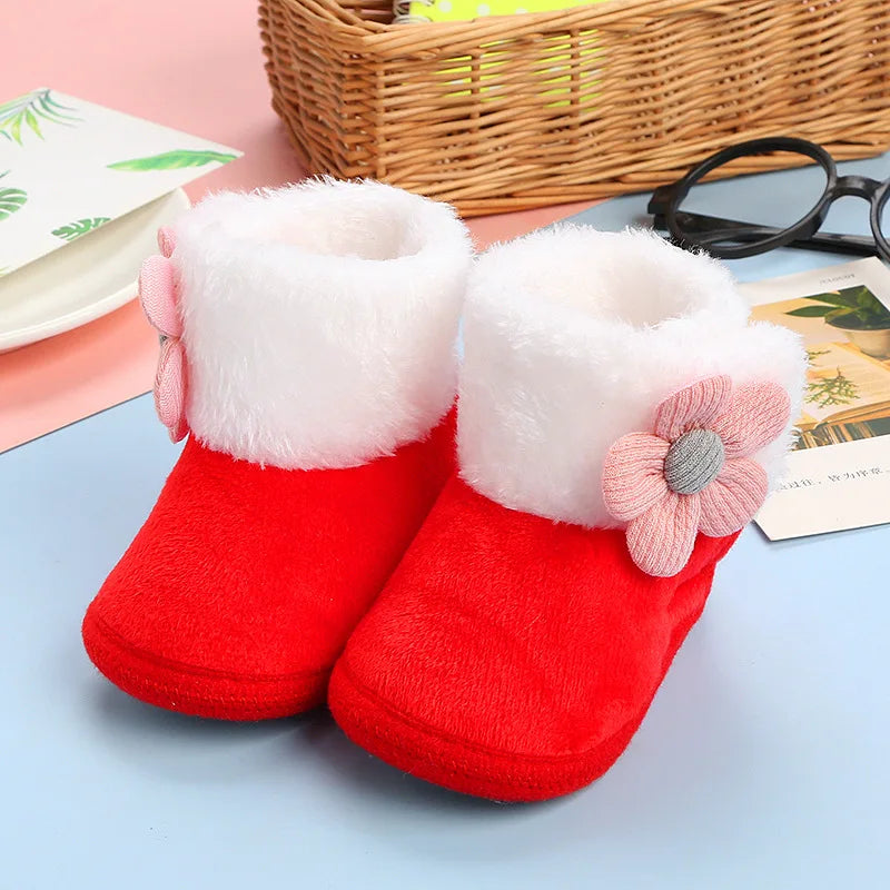 Lovely Flower Winter Snow Baby Boots 7-Colors Warm Fluff Balls Indoor Cottton Soft Rubber Sole Infant Newborn Toddler Baby Shoes