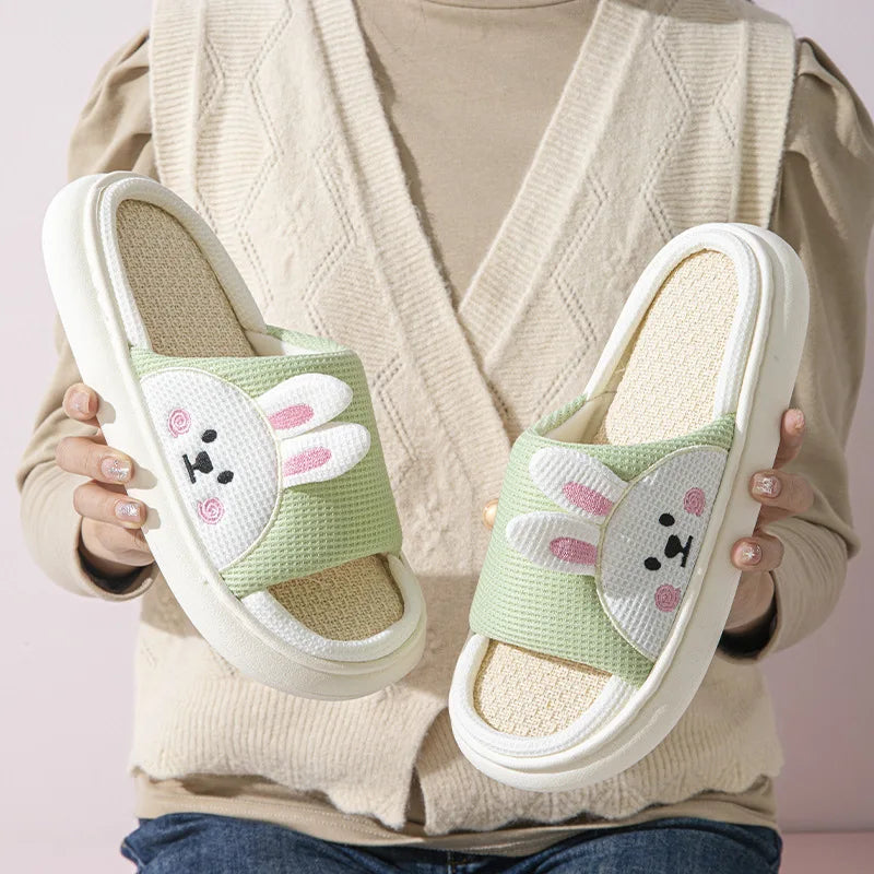 Linen Platform Slippers Women Home Cute Cartoon Rabbit Designer Shoes Girls Fashion Casual House Slipper Ladies Elegant Open Toe