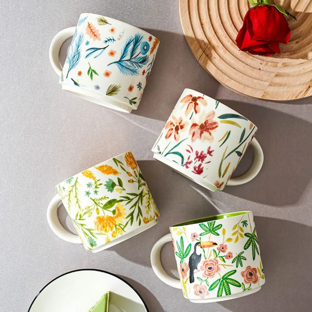 Birthday Presents Creative Ceramic Mug Floral Colored Porcelain Tea Cup Portable with Handle Water Cup Drinkware