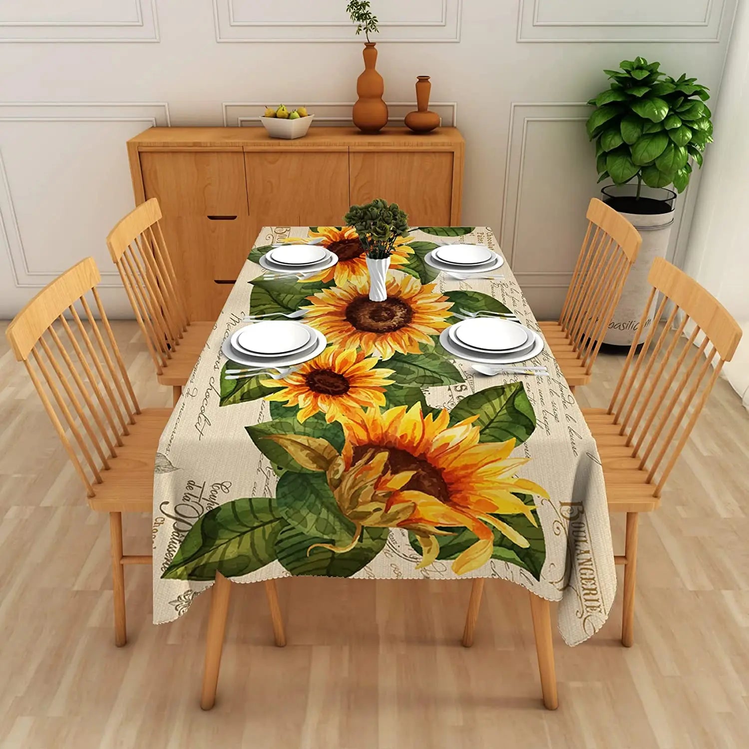 &Sunflower Rectangle Tablecloth, Vintage Farmhouse Waterproof Durable Tablecloth for Home Kitchen Dining Room Outdoor Picnic Mat