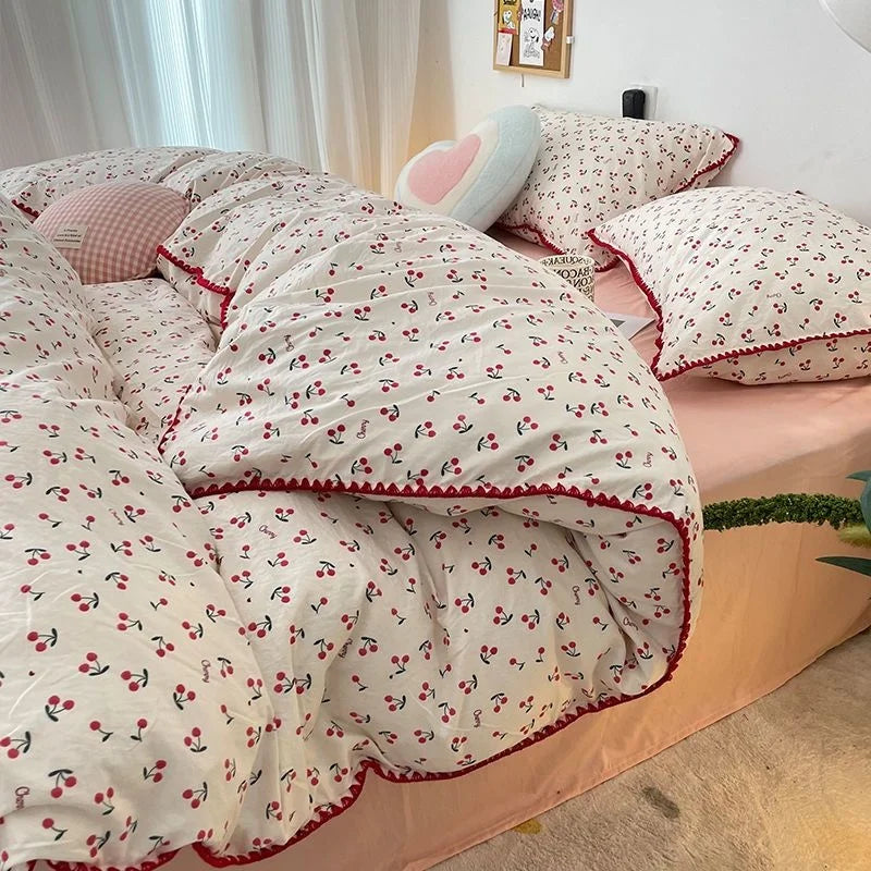 Bedding Set INS Girls Cherry  Soft Washed Cotton Bed Sheet Queen King Size Duvet Set  Comforter Set Pillowcase Bed Linens