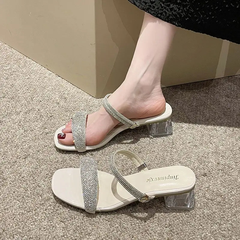 Women's Summer Slippers, 2024 New Non-slip Wear Thick Heel Flip-flops Diamond High Heels Sandals, Beach Fashion Flip-flops