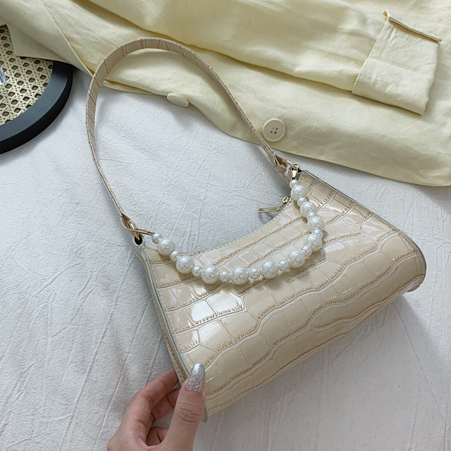 Armpit Bag Women Retro Handbag PU Leather Underarm Shoulder Bag Fashion Pearl Top Handle Bag Female Small Subaxillary Bag Clutch