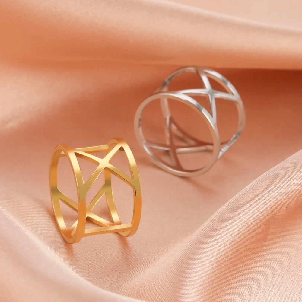 Skyrim Hollow Crosscut Ring Women Stainless Steel Gold Color Simple Geometric Finger Rings Punk Jewelry Gift for Lover Mother