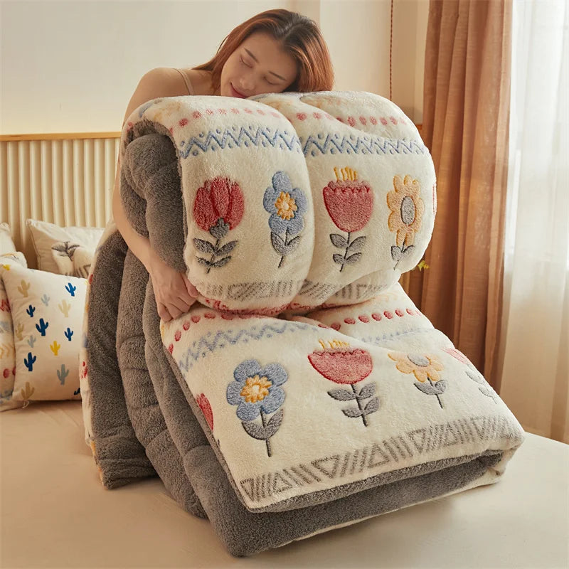 Thickened Winter Blanket Quilt Lamb Wool Double Layer Thick Warm Blanket 150/180/200 Comforter Throw Blankets for Beds