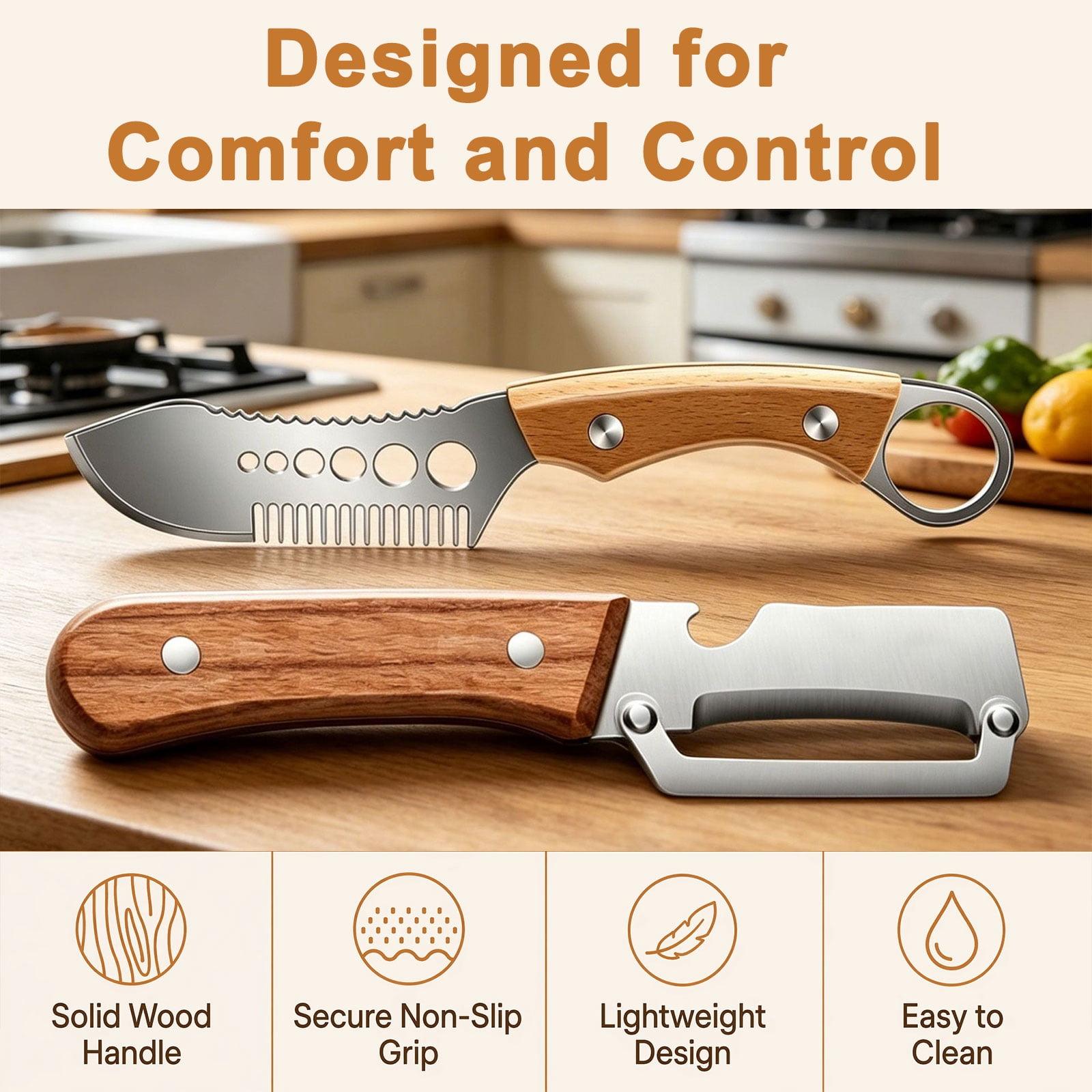 Multi-Functional Vegetable Peeler, Stainless Steel Blade with Wooden Handle, Fish Scaler, 3-in-1 Fruit Peeler with Bottle Opener & Grater