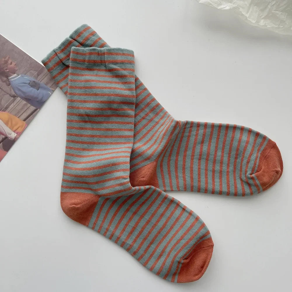 Retro Striped Socks Children's Women Medium Tube Socks Spring and Autumn Cotton Stockings Korean Stockings Japanese Socken