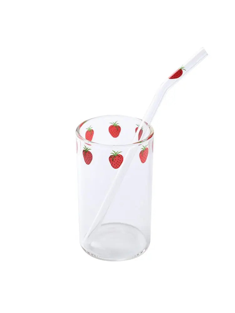 Ins Nana Strawberry Glasses Heat Resistant Coffee Milk Water Cups with Straws Clear Cute Juice Smoothie Cold Drinks Straw Cup