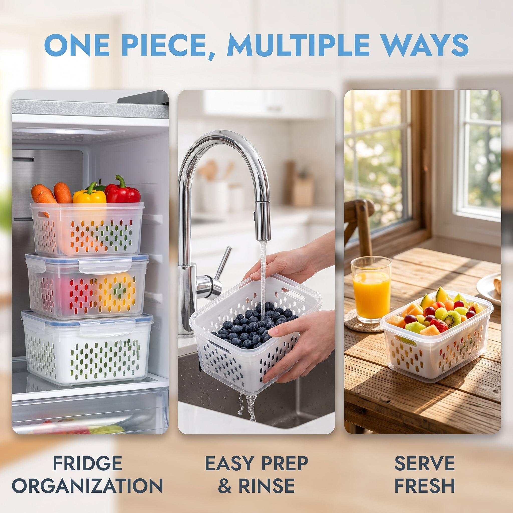 Fruit Storage Containers for Fridge, Removable Colander, Airtight Produce Saver, Dishwasher Safe Berry Keeper, 3 Sizes with Lids(3-Piece Set,Grey)