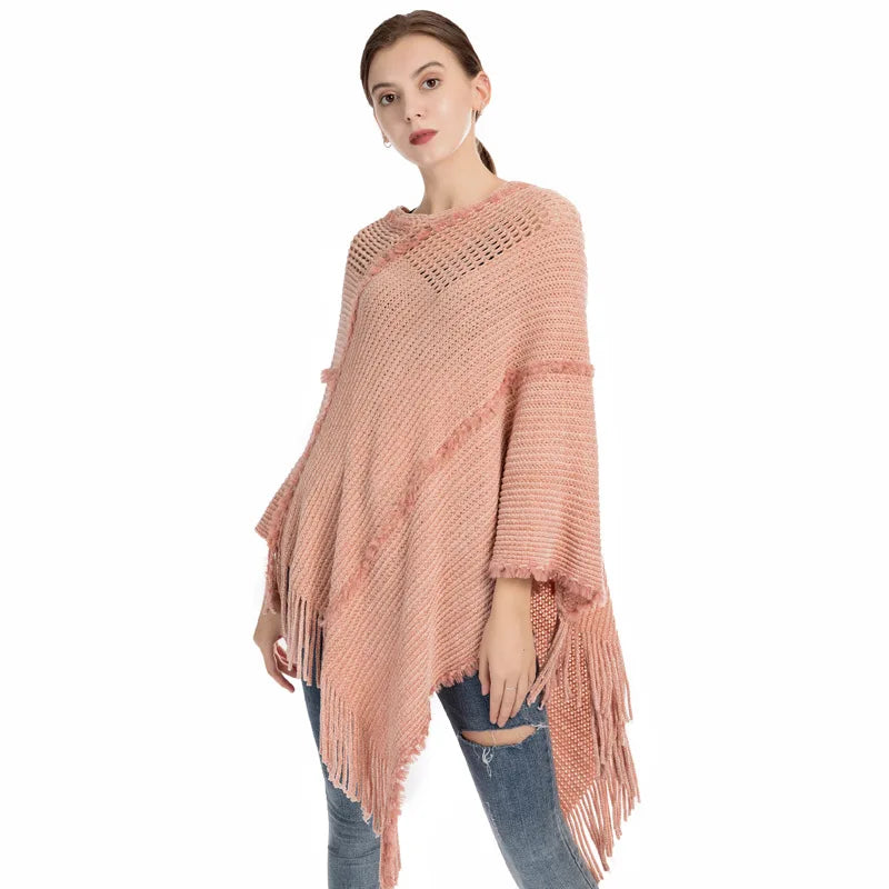 Poncho Tassel Knitted Shawl Women's Autumn and Winter New Chenille Imitation Cashmere Pullover Cape Cloaks Lady Capes Gray