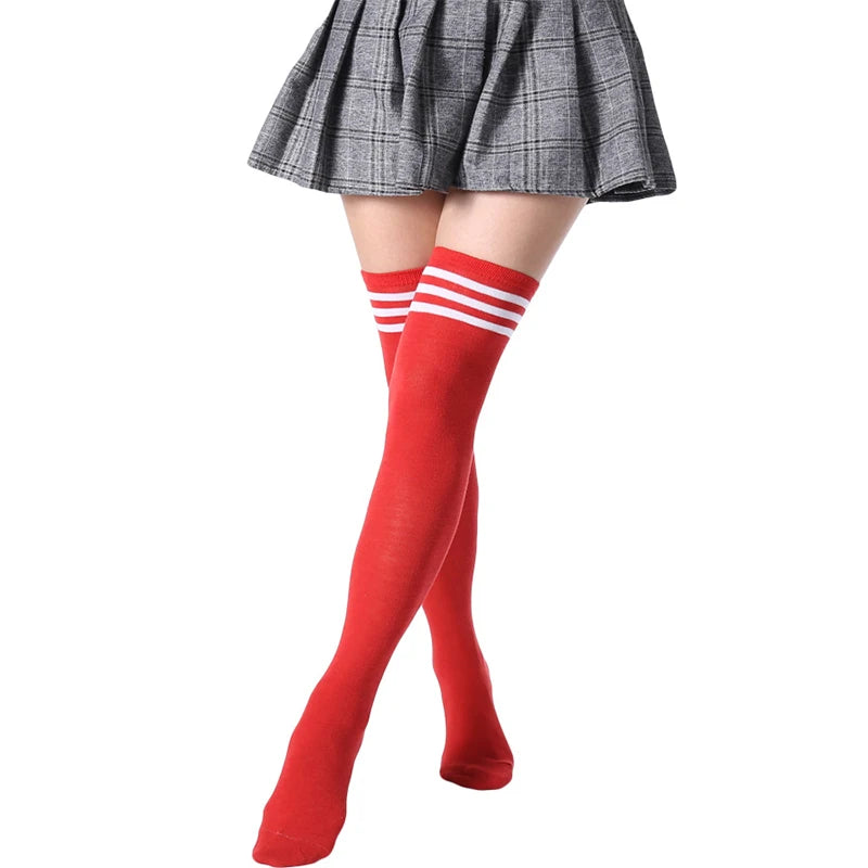 JK Woman Cosplay Stockings White Red Blue Strips Lolita Long Socks Over Knee Thigh High Socks Women Compression Socks