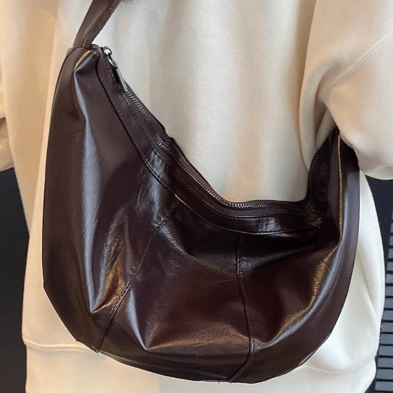 Women's Large Banana Crossbody Bag Aesthetic Coffee Lacquer Large Female Handbag Oil Wax Leather Lovers' Half Moon Shoulder Bags