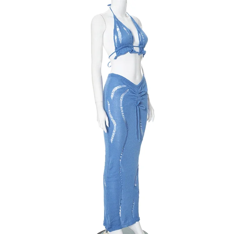 2025 Summer Women'S Sexy Hollow Mesh Beah Backless Tops Drawstring Long Skirts Elegant Sexy Party Dresses Club Outfits