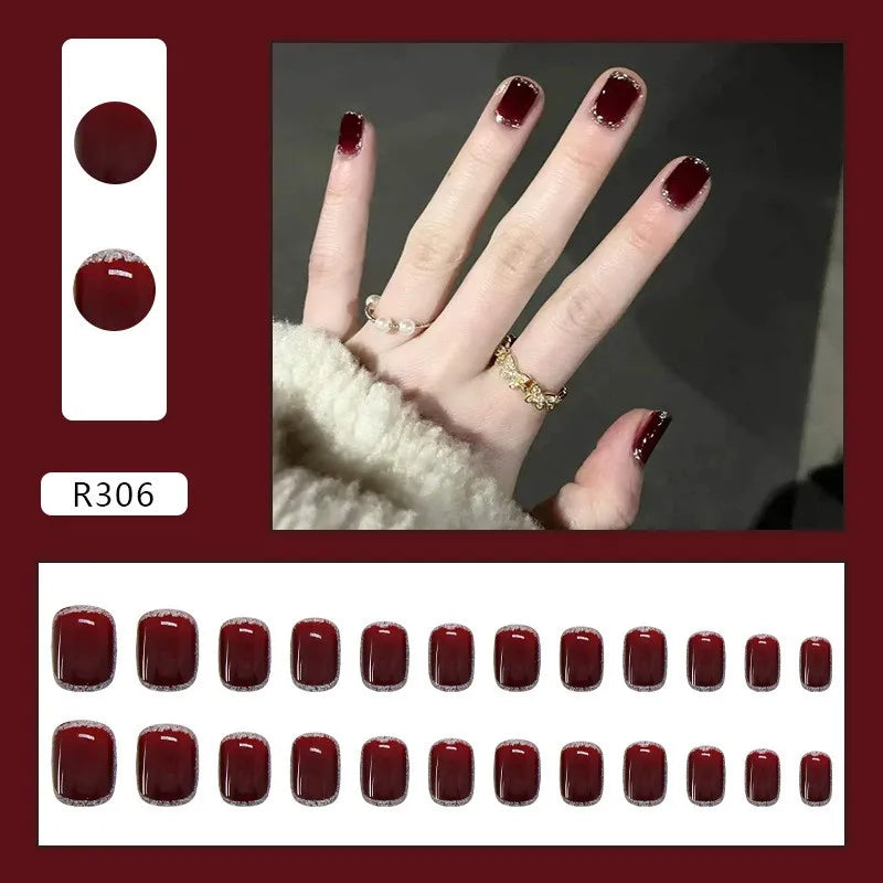 New Yearn Wine Red False Nails Self Adhesive Detachable Finished Fingernails Wearable Fake Nails for Nail Art Decoration