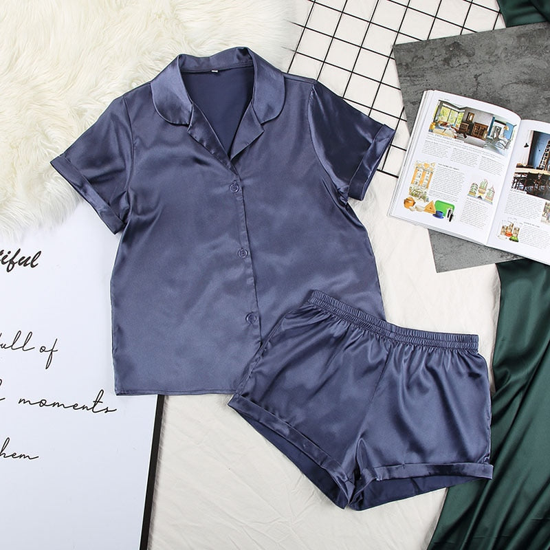 Solid Satin Sleepwear Silk Pajamas Set Top And Shorts Two Piece Set Pyjamas Women Pajama Short Sleeve Home Suit Casual